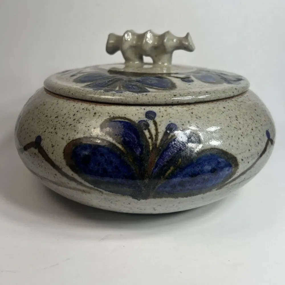 Vintage Studio Art Pottery Stoneware w Lid Blue Purple Speckled Brown Signed 9”